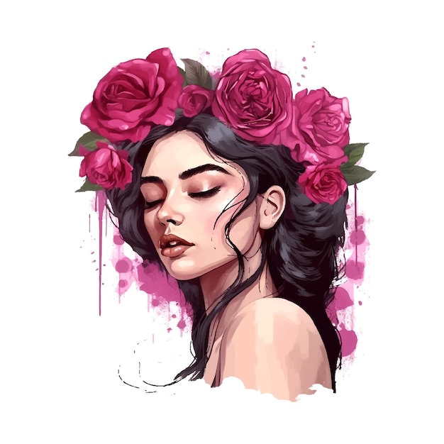 Красивая женщина с цветами в волосах и венком роз.