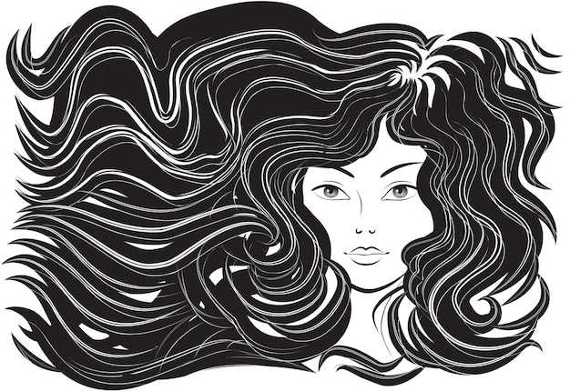 Vector beautiful woman with flowing hair, vector illustration, monochrome