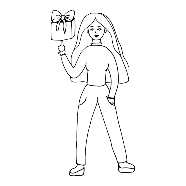 Beautiful woman with a gift in her hands an element for design vector illustration in doodle style