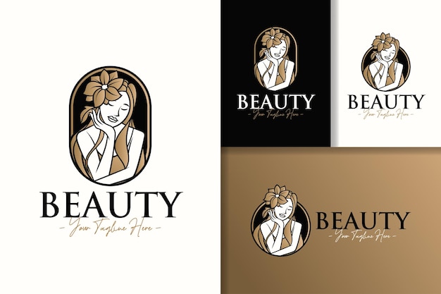 beautiful woman with gold flower logo template