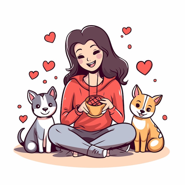 Beautiful woman with her pets Vector illustration in cartoon style