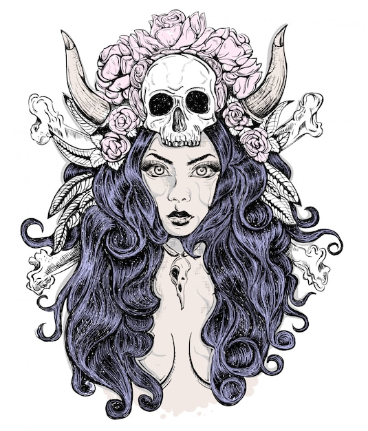 Vector beautiful woman with long hair and antlers