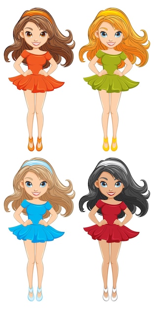 Vector beautiful woman with long hair in mini dress