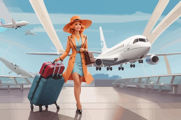 beautiful woman with luggage in airport terminal illustration