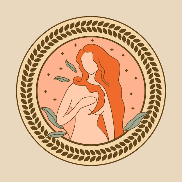 Красивая женщина с оранжевыми волосами с блестками и листьями иллюстрации иллюстрация богини венеры