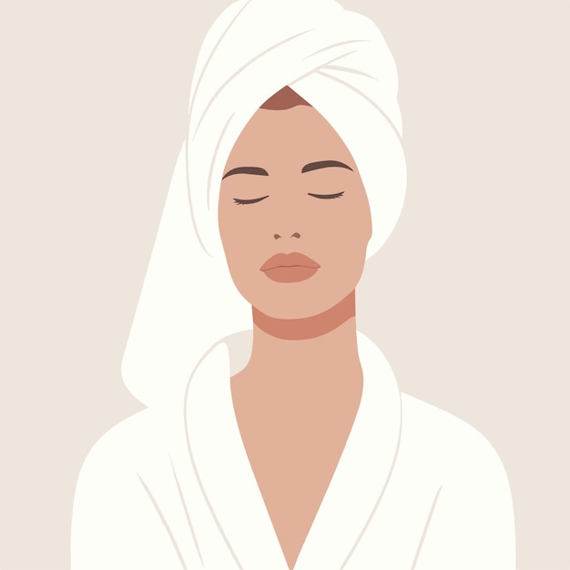 beautiful woman wrapped white towel around her head with relaxed expression and closed eyes