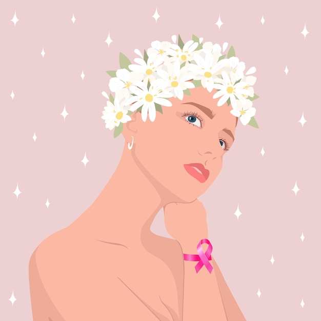 beautiful woman in a wreath of flowers with a pink ribbon on her hand support for world breast cancer awareness month in october vector illustration