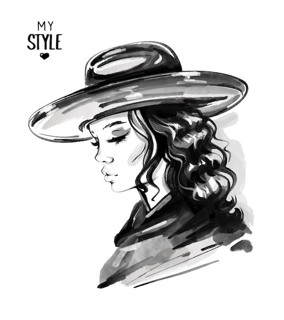 Vector beautiful womanin hat vector illustration