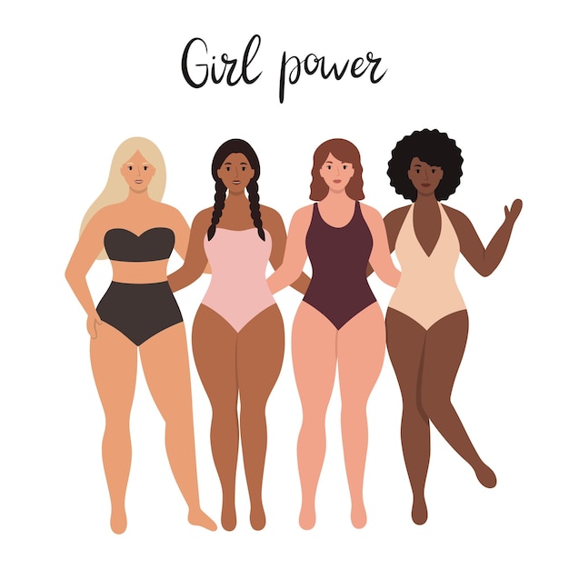 Vector beautiful women are standing in their underwear various girls stand together and smile