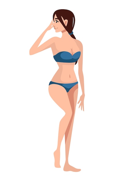 Beautiful women in blue swimsuit cartoon character design illustration.