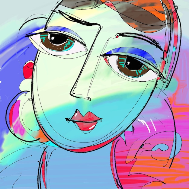 Beautiful women digital painting abstract portrait of girl with big eyes colorful composition