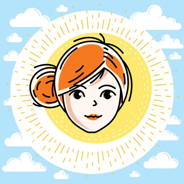 Beautiful women face, human head. Vector redhead character, attractive lady face features.