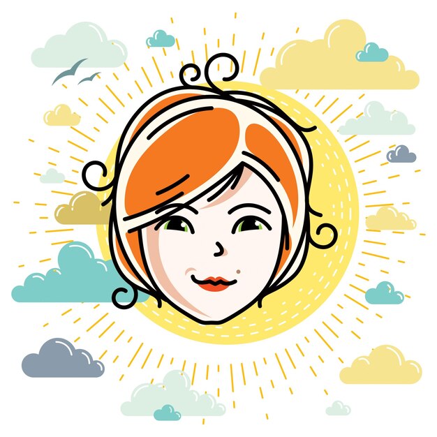 Beautiful women face, human head. Vector redhead character, attractive lady face features.