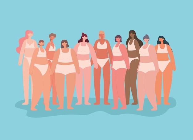 Vector beautiful women group in underwear. diversity concept