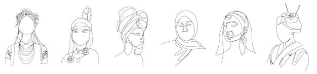 Вектор Красивые женщины разных национальностей одна линия украинка индианка африканка мусульманка арабка японка