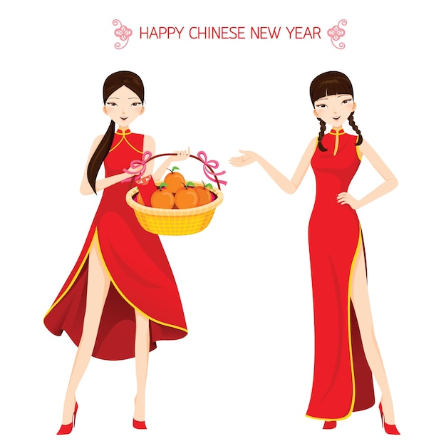 Vettore belle donne con cheongsam holding basket, celebrazione tradizionale, cina, felice anno nuovo cinese