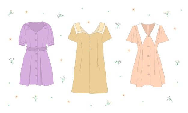 Vector beautiful womens dresses set vintage female apparel collection tender and pastel colors