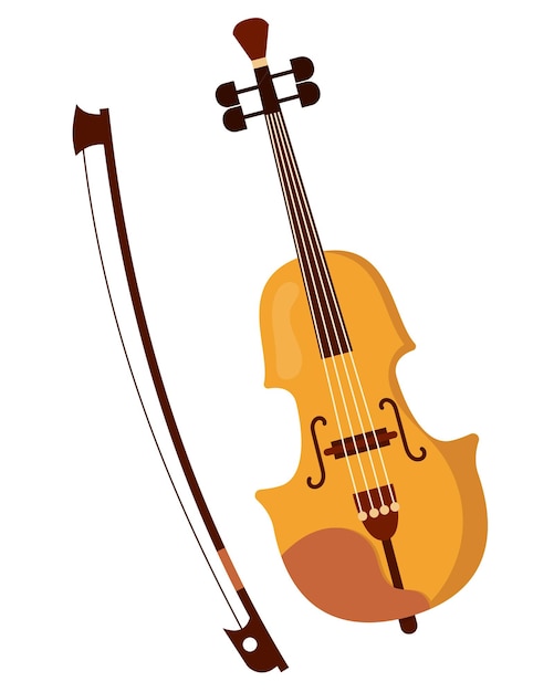 Beautiful wooden classical musical violin and bow for playing on it Carved bowing musical stringed concert violin instrument Vector cartoon illustration isolated