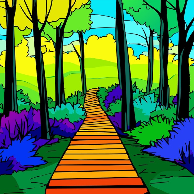 Vettore bellissimo sentiero in legno andando gli alberi colorati mozzafiato in una illustrazione vettoriale della foresta