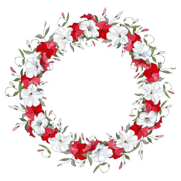 Beautiful wreath of red and white flowers petunia and green leaves on white background