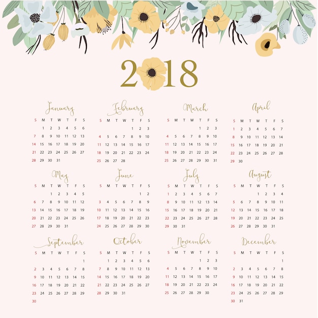 Vector beautiful yellow floral 2018 calendar