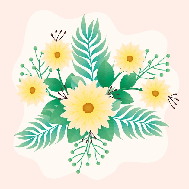 beautiful yellow flowers and leafs green decorative icon design