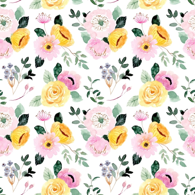 Beautiful yellow pink floral watercolor seamless pattern