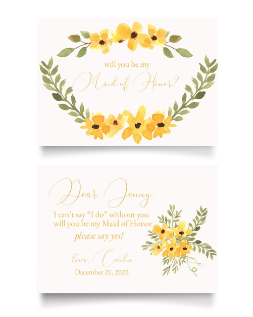 Beautiful yellow wild flower frame watercolor bridesmaid maid of honor invitation