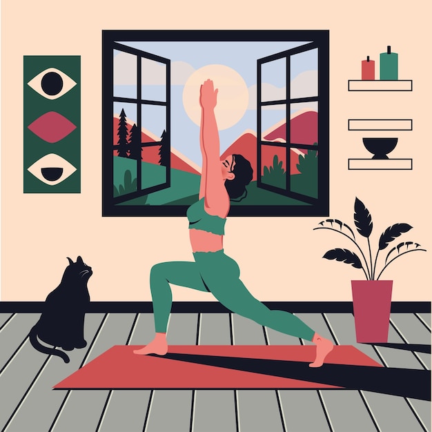 Вектор Красивая женщина-йога дома женский персонаж занимается медитацией дизайн интерьера вектор