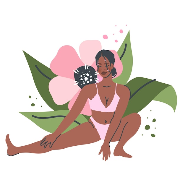 Vettore bella donna yoga isolata sullo sfondo della natura giovane ragazza nera in posa yoga si estende meditazione e pratica di respirazione illustrazione del fumetto piatto vettoriale per uno stile di vita sano sport