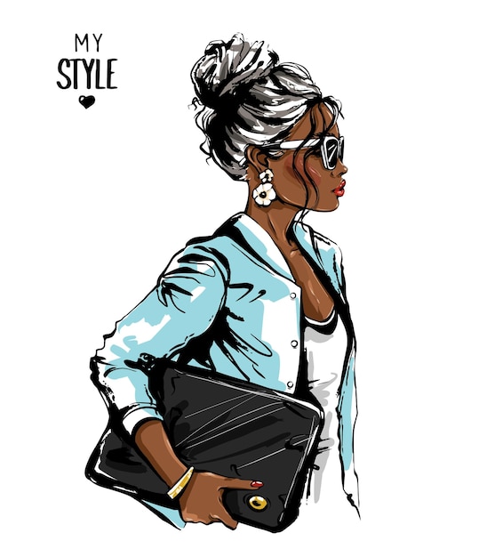 Vector beautiful young african american woman with hair bun stylish black skin girl in sunglasses