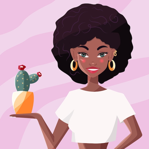 Vector beautiful young black woman in white shirt holding a cactus confident girl with afro hair and gold earrings on pink background colorful vector illustration