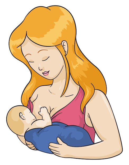 Vector beautiful young blond haired mother with her baby in arms breastfeeding it