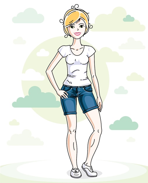 Vector beautiful young blonde woman standing on background with blue heavens clouds and wearing fashionable casual clothes. vector human illustration.