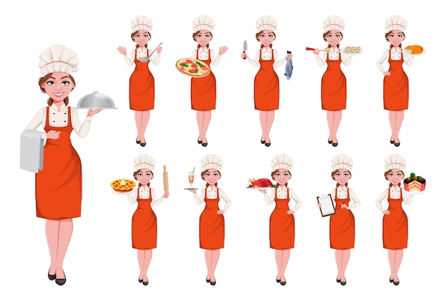 Beautiful young chef woman, set of eleven poses. Pretty cook lady in professional apron and hat