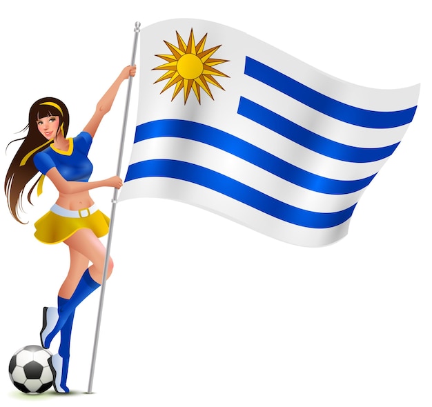 Beautiful young female fan holding flag of uruguay.  cartoon illustration