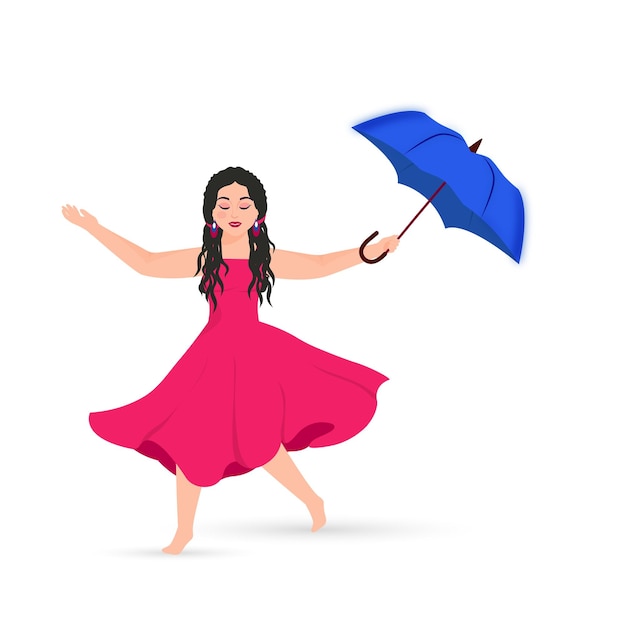 Vector beautiful young girl holding umbrella in dance pose against white background