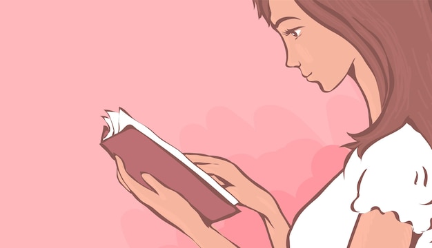 Beautiful young girl reads a book on a pink background