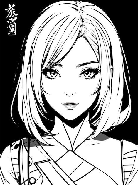 beautiful young girl sketch in black and white coloring anime artstyle illustration portrait