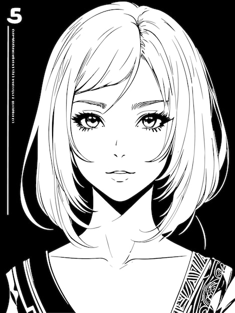 黒と白の着色アニメ アート スタイル イラスト肖像画の美しい若い女の子のスケッチ