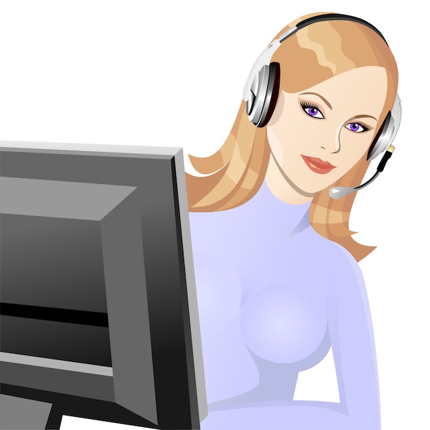 Vector beautiful young girl smiling blond phone operator in headphones