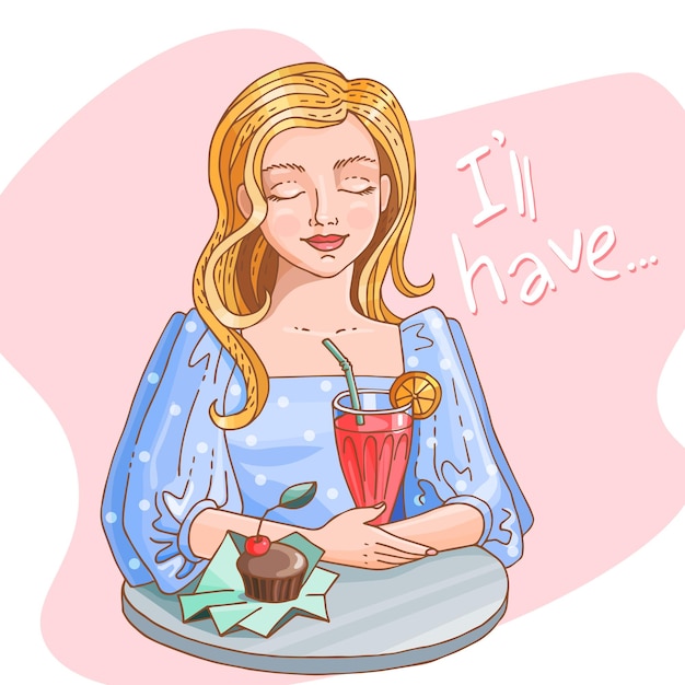 Vector beautiful young girl at a table in a cafe muffin with a cherry and a milkshake