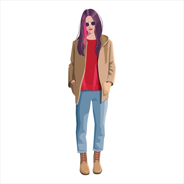 Beautiful young girl with colored hair in blue jeans boots jacket and red sweater on white backgro