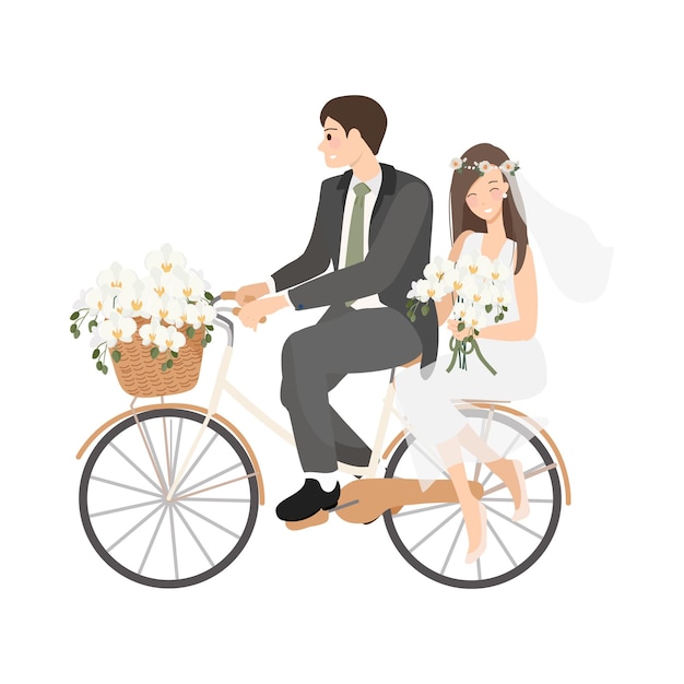 Beautiful young just married wedding couple ride bicycle isolated on white background