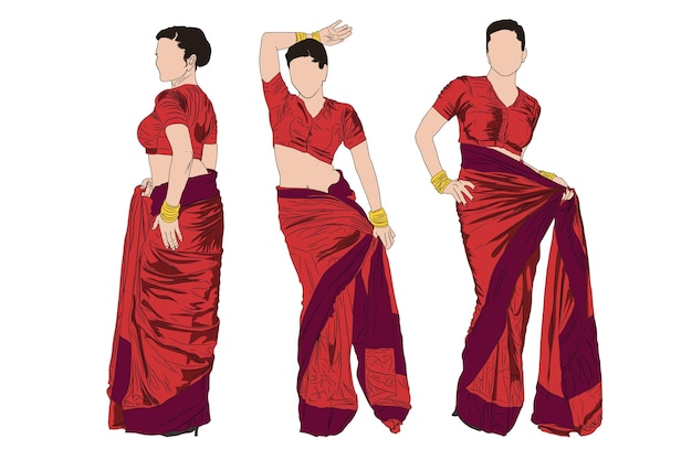 Vector beautiful young lady wearing red saree and blouse posing for fashion shoot