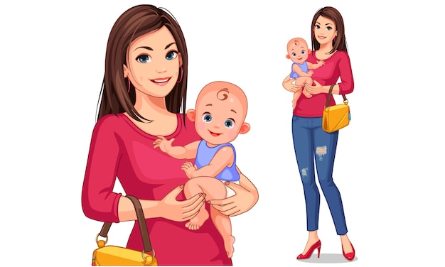 美しい若い母親と赤ちゃんのベクトル図