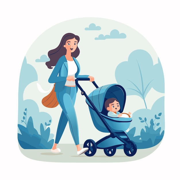 Vector beautiful young single mom pushing stroller with cute newborn cartoon vector illustration