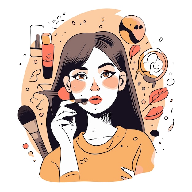 Vector beautiful young woman applying makeup in cartoon style