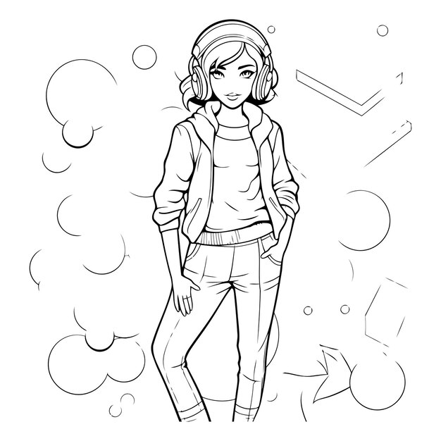 Vector beautiful young woman in casual clothes black and white illustration