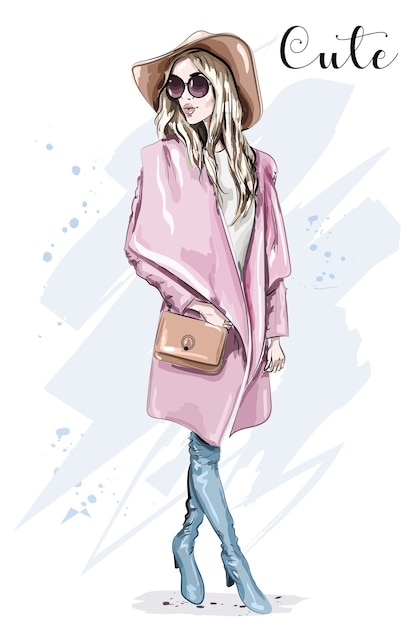 Vector beautiful young woman in coat and hat